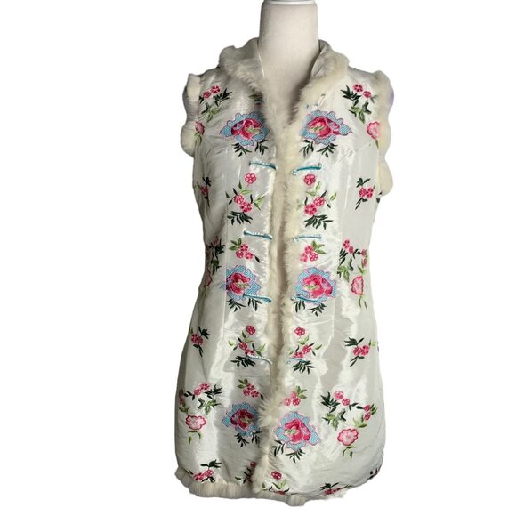 Embroidered Asian Style Vest M White Real Fur Trim Frog Buttons Zip Pockets - Picture 1 of 7